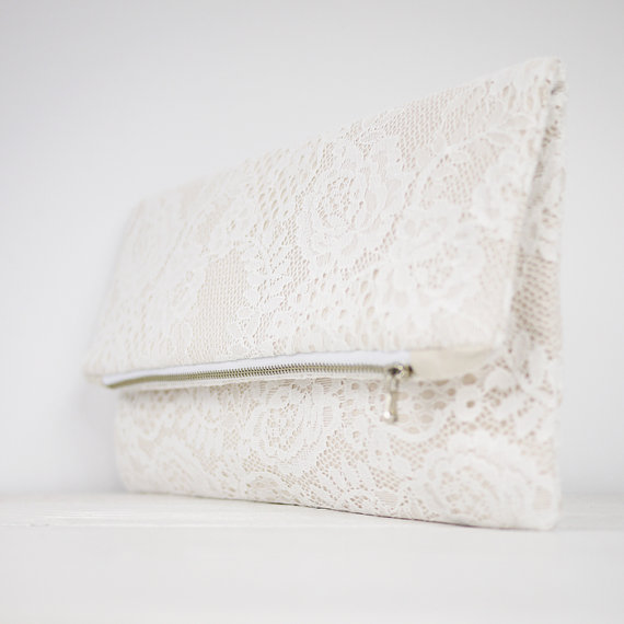 Mariage - Nude lace clutch, fold over lace clutch, shabby chic wedding clutch