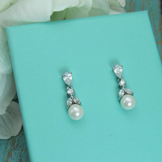 زفاف - Sparkle cz earrings, pearl bridal earrings, cubic zirconia earrings, wedding jewelry, wedding earrings, bridal earrings, bridesmaid jewelry