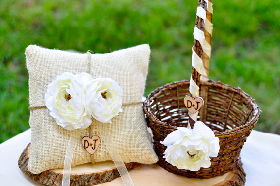 Свадьба - Flower Girl Basket Shabby Chic style and Ring Bearer Pillow Personalized SET  You pick flower and ribbon