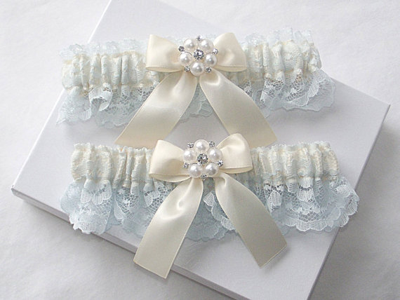 Свадьба - Wedding Garter Set - Ivory Garters with Beautiful Light Blue Raschel Lace