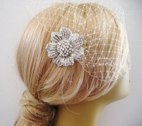 Mariage - Birdcage Veil and a  Hair Comb (2 Items) ,Rhinestone Fascinator Comb , Bridal Hair Comb, Wedding Headpiece, Blusher Bird Cage Veil