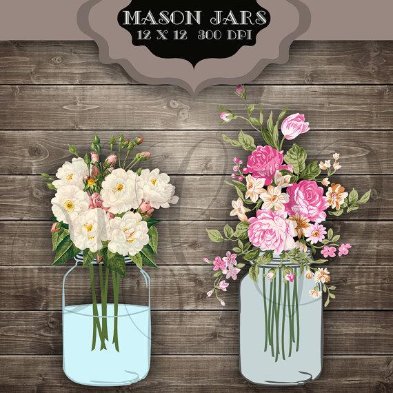 زفاف - Wedding Clip art Mason Jars Digital Clipart - Vintage flower bouquet jar transparent background for scrapbooking, invitations, bridal shower