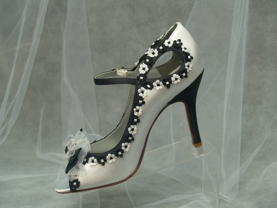 زفاف - White Black Wedding high heels - White Black Bridal shoes