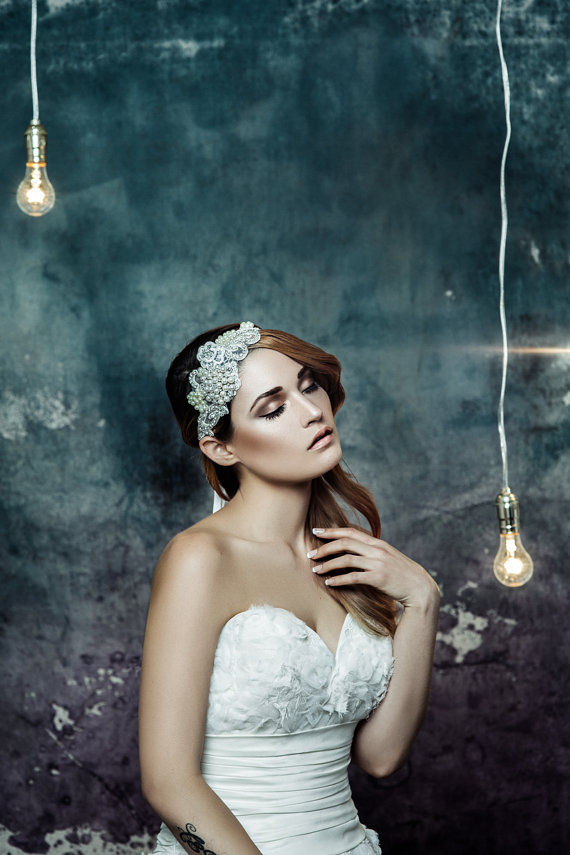 Свадьба - Crystal lace headpiece - bridal headpiece - lace bridal headband - crystal bridal headpiece - lace bridal headpiece - wedding headpiece
