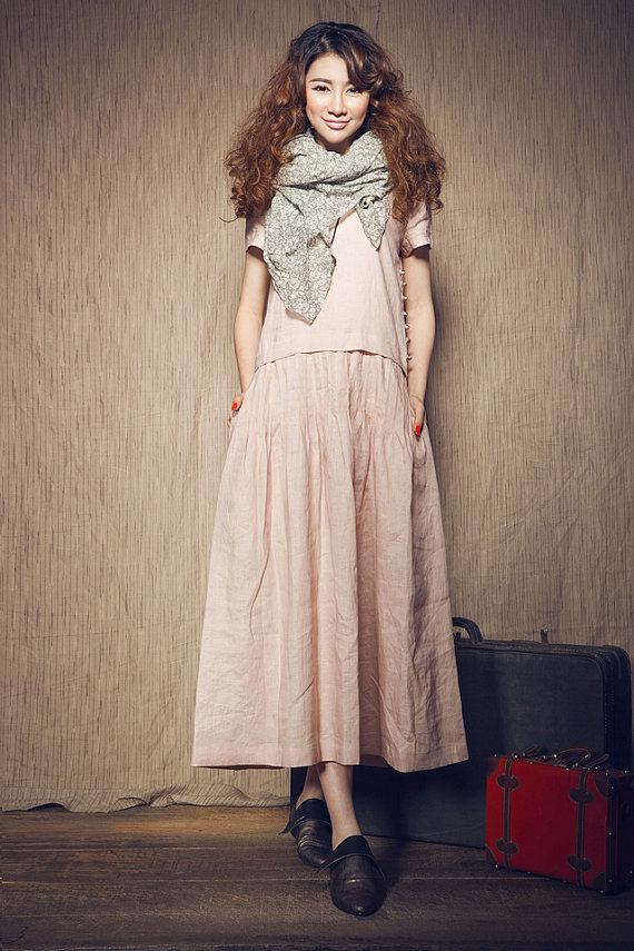 Mariage - Long Linen Dress in Pink / Max Sundress / Bridesmaid Dress / Loose Kaftan Caftan Dress - XL,XXL plus size A8002