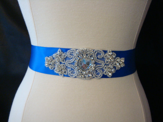 Mariage - Bridal Sash - Wedding Dress Sash Belt - Royal Blue Rhinestone Sash - Rhinestone Bridal Sash