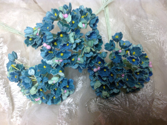 Mariage - 1 BOUQUET  VINTAGE Millinery Flowers Forget Me Nots Teal (Aqua Marine) Pink Composition Buds  for Weddings - Mothers Day & Easter