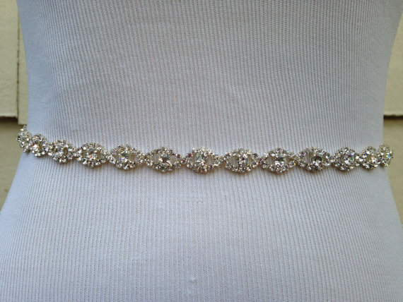 زفاف - Thin Narrow Diamond Wedding Sash Belt - Fatima Rhinestone Sash - .75" wide platinum diamonds metal backing - Style SA611