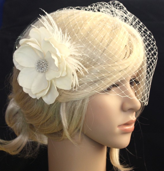 Hochzeit - Bridal Birdcage veil Blusher and flower (Evelyn)  - 2 items