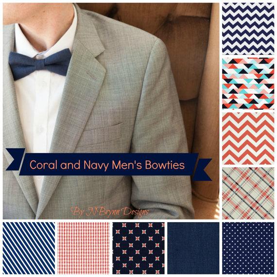 Wedding - Men's coral and navy bowties - gingham, plaid, chevron, pin dots, linen, rugby stripe, coral wedding bow tie, groomsmen, ring bearer, mens