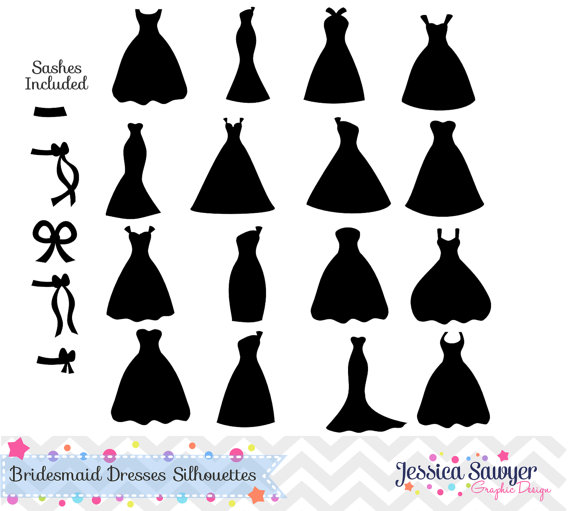 Hochzeit - INSTANT DOWNLOAD, bridesmaid dresses silhouettes clipart, silhouette clipart,  for greeting cards, announcements, scrapbooking