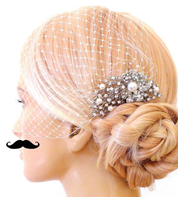 زفاف - birdcage veil and a bridal comb (2 Items) -  Swarovski Pearls Comb,Wedding comb,bridal headpieces , rhinestone bridal Hair comb
