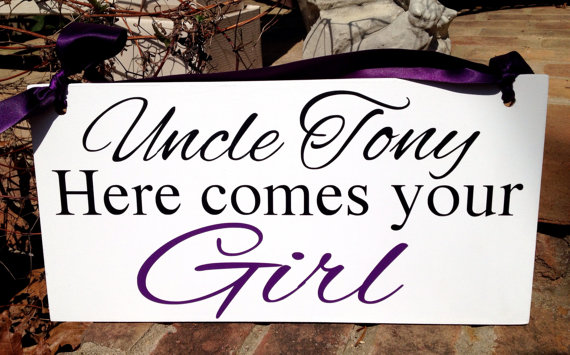 Hochzeit - Weddings signs, Uncle HERE COMES your GIRL,flower girl, ring bearer, photo props, single sided,Purple, 8x16