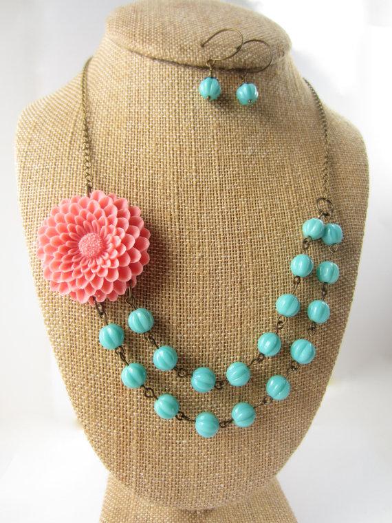 Wedding - Coral Statement Necklace Flower Necklace Double Strand Necklace Chunky Necklace Bridesmaid Jewelry Floral Jewelry Coral Wedding