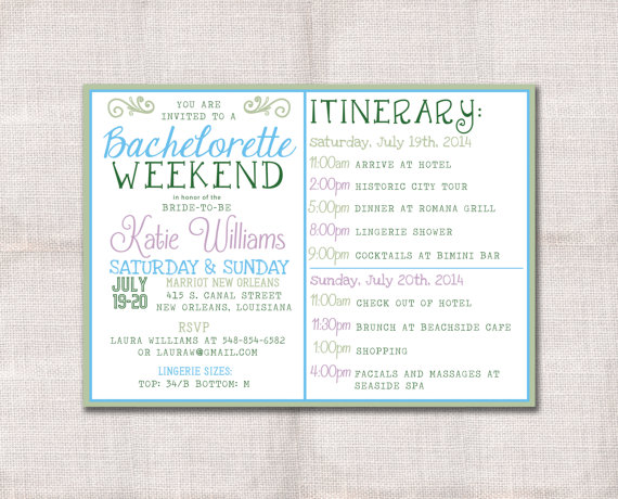 Hochzeit - Bachelorette Party Weekend invitation and itinerary custom printable 5x7