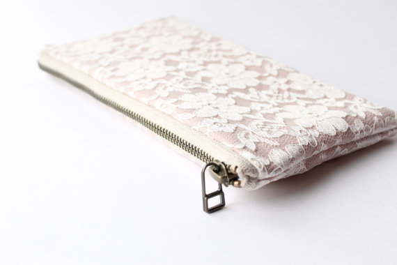 Hochzeit - Linen and Lace Clutch in Blush Pink, Wedding Purse, Ivory Lace Bag in Custom Colors
