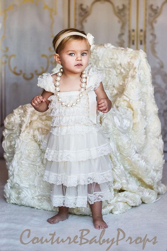 Wedding - Vintage Ivory Ruffle Lace Girls DRESS, Ruffle dress, flower girl dress, birthday dress, baby dress, baptismal, ivory baby dress, ivory dress