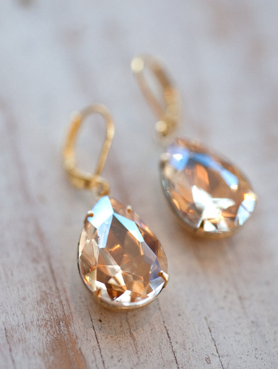 Hochzeit - Champagne Gold Estate Style Vintage Earrings Wedding Jewelry Bridal Earrings