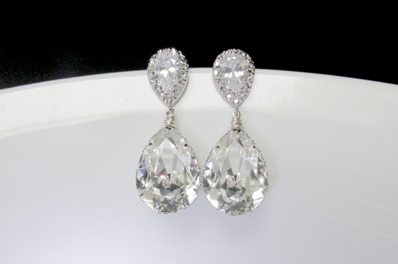 Mariage - swarovski cz bridal earrings , zirconia drop bridal earring , swarovski earrings , crystal earrings , tear drop bridal earring , bridal