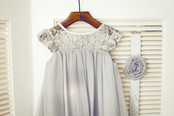Hochzeit - On Sale Gray Chiffon Lace Flower Girl Dress Kids Children Dress Junior Bridesmaid Dress for Wedding