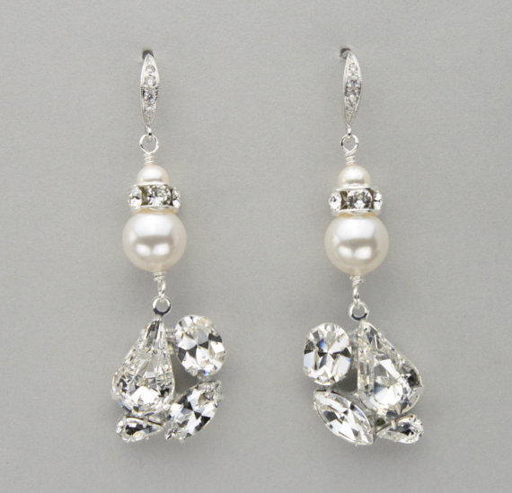 زفاف - Pearl and Rhinestone Wedding Earrings, Vintage Style Bridal Jewelry Handmade with Swarovski Elements Rhinestones and Pearls, White or Ivory