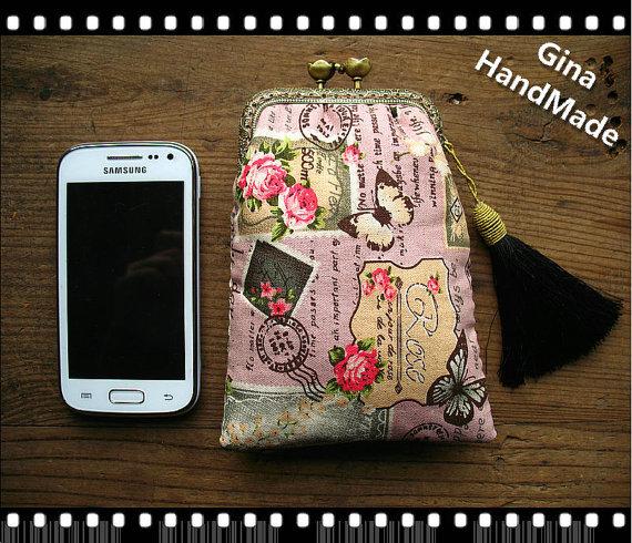 Свадьба - Rose butterfly stamps / iphone case / coin purse / wallet / pouch / iPhone sleeve / wedding clutch / kiss lock frame purse bag-GinaHandmade