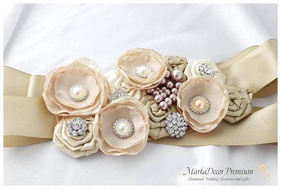 Wedding - Bridal Sash / Custom Wedding Bridesmaids Belt in Champagne, Ivory and Tan with Brooches, Beads, Lace, Pearls, Crystals, Jewels, Flowers