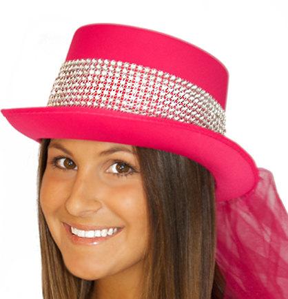 Hochzeit - CLOSEOUT- Bling Bridal Top Hat with Veil in HOT PINK - Bachelorette Hat, Bride Hat, Bridal Hat