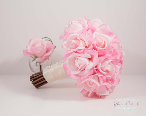 Wedding - Custom Color Wedding Bouquet - Real Touch Roses. 9" diameter - MEDIUM Bridal Bouquet pink