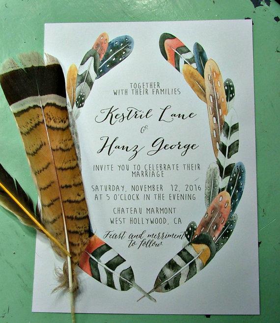 Hochzeit - Bohemian Wedding Invitations: Feather wedding, Print at Home or we can print