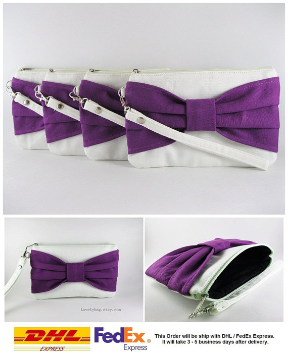 Hochzeit - Set of 5 Ivory with Eggplant Bow Clutches - Bridal Clutches, Bridesmaid Wristlet, Wedding Gift, Cosmetic Bag, Zipper Pouch - Made To Order