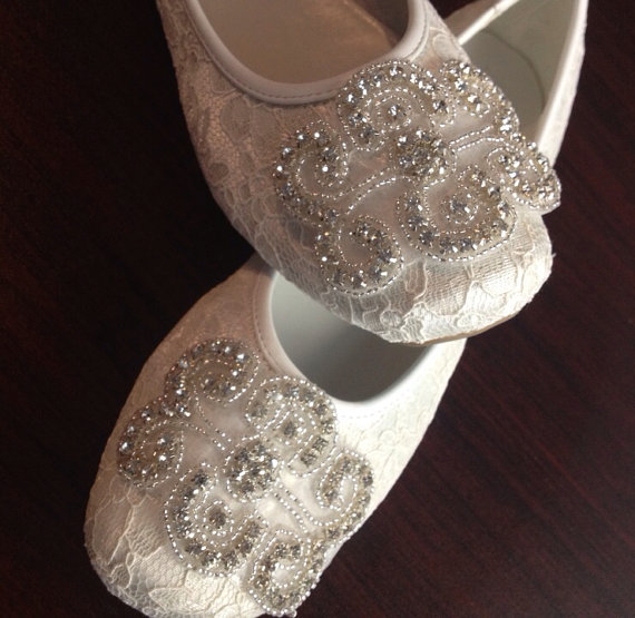 زفاف - Wedding Shoe Flat,Lace Shoe Bridal Wedding Shoe, Rhinestone Appliqué Shoe