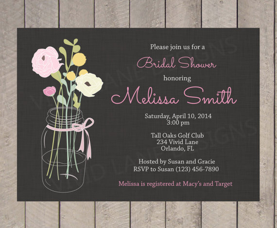 Mariage - Bridal Shower Invitation - Pink Flowers, Mason Jar, Wedding Shower Invitation, Printable, Grey, Yellow - 070