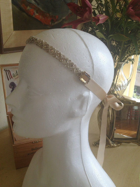 Mariage - 1920s Hair Accessories Beige Headband Gatsby Theme Wedding Downton Abbey 1920s Art Deco Flapper Headdress Champagne Blush Bridal Hair Band