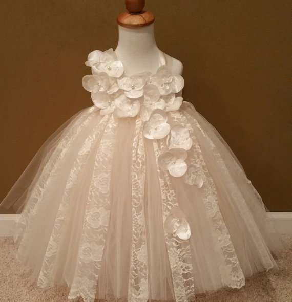 Wedding - Ivory lace flower girl dress & flower headband
