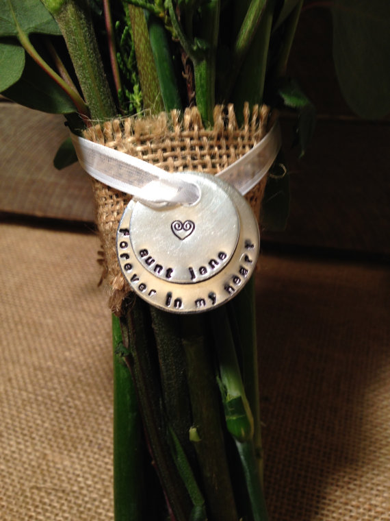 Mariage - Hand Stamped Bridal Bouquet Memorial Charm, Stamped Memorial Charm, Wedding Bouquet Charm, Remembrance Charm, Bridal Shower Gift