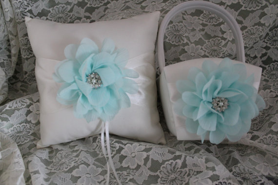 Свадьба - Ivory/ White Ring Bearer Pillow/Flower Girl Basket -Aqua/Tiffany Blue Chiffon Flower Accented with Rhinestone  Pearls- Custom Colors