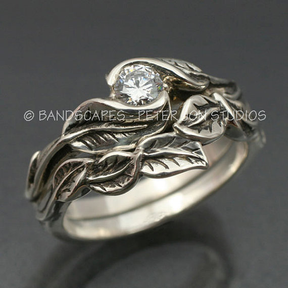 زفاف - MOISSANITE DELICATE LEAF Engagement Ring with matching Wedding Band in Sterling Silver