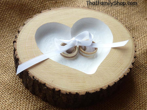 Wedding - Ribbon Tie-Down Rustic Ring Pillow Log Ring Dish Wedding Engraved Heart