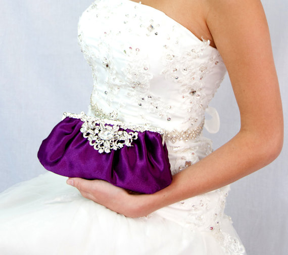 Свадьба - Choose your color - satin Clutch with Crystal brooch Wedding handbag Bridal purse C305
