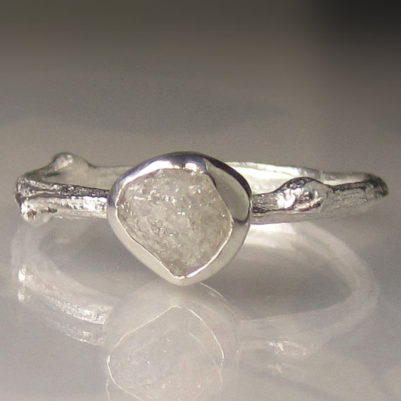 زفاف - Raw White Diamond Twig Ring - Recycled Sterling Silver Engagement Ring - Rough Diamond Ring