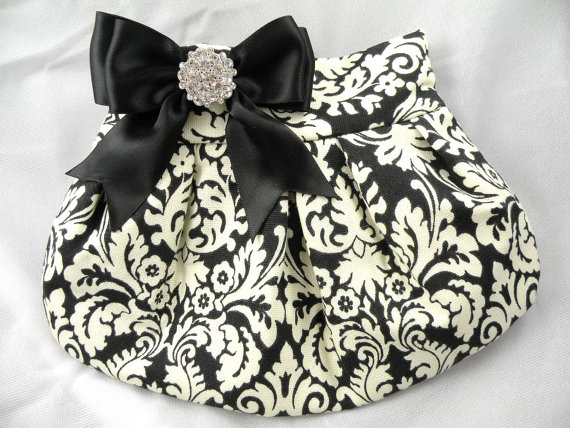 Hochzeit - Pleated Clutch Evening Bag Purse Wedding  TRADITIONAL DAMASK Black and Ivory with Black Satin Bow and Clear Crystal