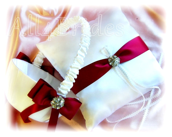 Свадьба - Burgundy Wedding Flower Girl Basket and Ring Bearer Pillow Set - Weddings Ceremony Decor Ring Cushion and Basket Set