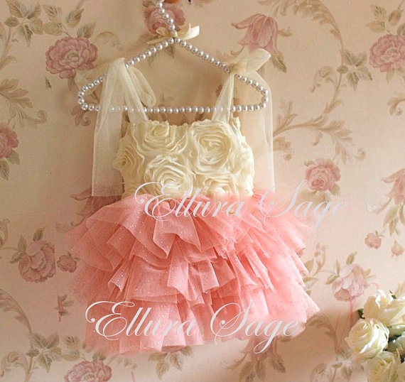 Hochzeit - Ivory and Coral Tutu Dress,  Baby Girl Wedding Dress, Toddler Coral Tutu Dress, Ivory Toddler Flower Girl Dress, Girls Party Dress