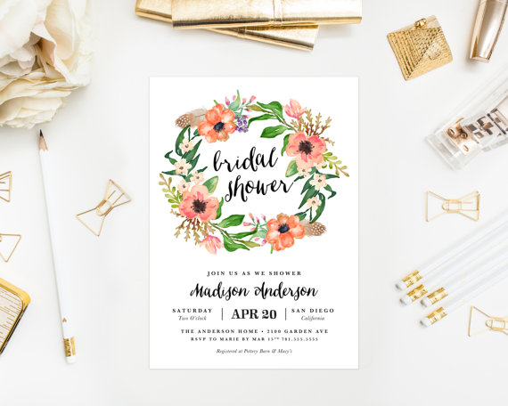 Hochzeit - Printable - Boho Wreath Bridal Shower Invitation