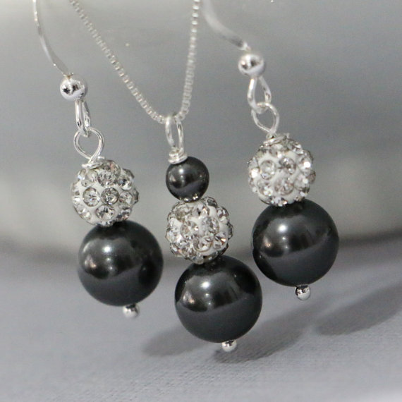 Свадьба - Sterling Silver Swarovski Black Pearl Necklace and Earring Set, Bridesmaid Necklace and Earring Set, Bridal Jewelry Set, Maid of Honor Gift