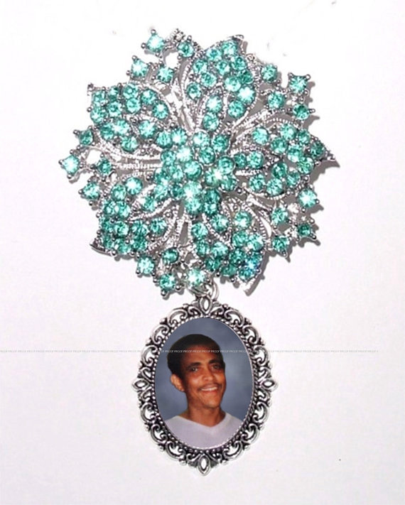 Wedding - RESERVED FOR MICHELE - Memorial Photo Brooch Elegant Charm Aqua Blue Crystal Gems Silver - Free Shipping