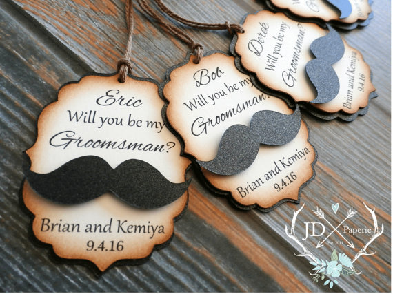 Hochzeit - Unique Groomsman Tags - Pearlescent Mustache - Will you be my Groomsman - Ring Bearer - Best Man - Junior Groomsman?