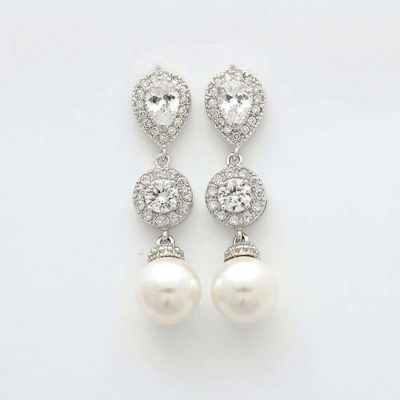 زفاف - Bridal Earrings Pearl Crystal Wedding Jewelry Cubic Zirconia White Ivory OR Cream Pearl Earrings Silver Posts Wedding Earrings