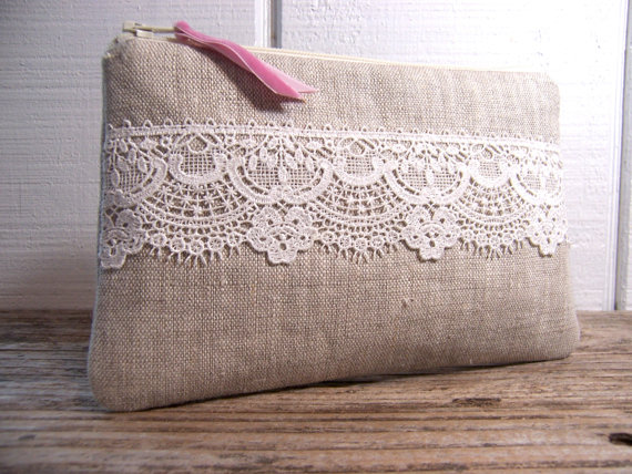 Mariage - Small Clutch in linen fabric with pretty white lace very romantic bag , wedding purse . Would be great for a night out or for cosmetics.